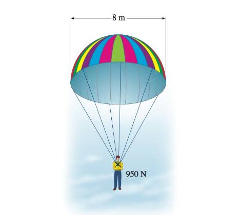 Chapter 11, Problem 106P, A paratrooper and his 8-m-diameter parachute weigh 950 N. Taking the average air density to be 1.2 