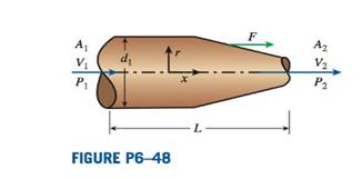 Chapter 6, Problem 48P, Water of density =998.2kg/m3 flows through a fireman’s nozzle—a converging section of pipe that 