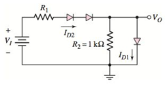Chapter 1, Problem 1.50P, Assume each diode in the circuit shown in Figure P1.50 has a cutin voltage of V=0.65V . (a) The 