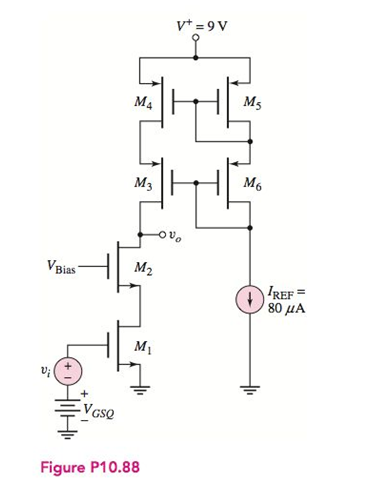 Chapter 10, Problem 10.88P, The parameters of the transistors in Figure P10.88 are VTN=0.6V,VTP=0.6V,kn=100A/V2,kP=60A/V2 , and 