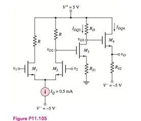 Chapter 11, Problem D11.105DP, The transistor parameters for the circuit in Figure P11.105 are: Kn= 0.2mA/V2,VTN=0.8V, and =0. The 