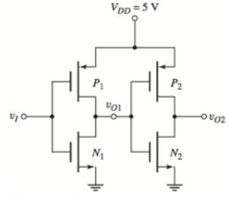 Chapter 16, Problem 16.34P, Consider the CMOS inverter pair in Figure P16.34. Let VTN=0.8V , VTP=0.8V , and Kn=Kp . (a) If 