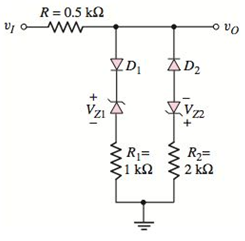 Chapter 2, Problem 2.30P, The parameters in the circuit shown in Figure P2.30 are V=0.7V , VZ1=2.3V , and VZ2=5.6V . Plot O 
