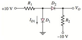 Chapter 2, Problem 2.53P, Let V=0.7V for each diode in the circuit in Figure P253. (a) Find ID1 and VO for R1=5k and R2=10k . 