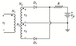Chapter 2, Problem 2.5P, Figure P2.5 shows a simple fullwave battery charging circuit. Assume VB=9V , V=0.7V , and 
