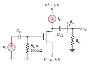 Chapter 4, Problem 4.42P, The current source in the sourcefollower circuit in Figure P4.42 is IQ=10mA and the transistor 