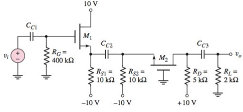 Chapter 4, Problem 4.71P, For the circuit in Figure P4.71, the transistor parameters are: Kn1=Kn2=4mA/V2 , VTN1=VTN2=2V , and 