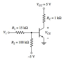 Chapter 5, Problem 5.39P, Let =25 for the transistor in the circuit shown in Figure P5.39. Determine the range of V1 such that 