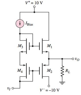Chapter 8, Problem 8.46P, Consider the classAB MOSFET output stage shown in Figure P8.46. The circuit meters are IBiass=0.2mA 