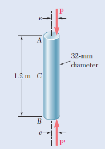 Chapter 10.2, Problem 30P, An axial load P is applied to the 32-mm-diameter steel rod AB as shown. For P = 37 kN and e = 1.2 