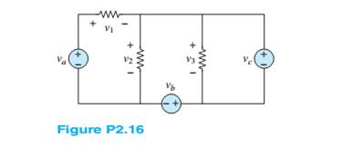 Chapter 2, Problem 2.16HP, Use KVL to find the voltages v1,v2, and v3 in Figure P2.16. Assume that va=2V,vb=4V and vc=5V . 