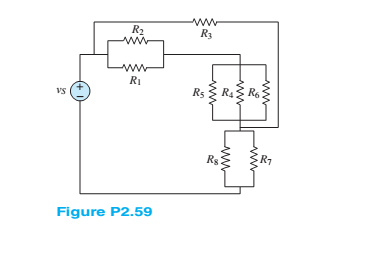 Chapter 2, Problem 2.59HP, Refer to Figure P2.59. Assume vs=20V,R1=10,R2=5,R3=8,R4=2,R5=4,R6=2,R7=1, and R8=10 .How many nodes 