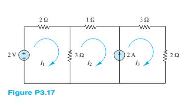 Chapter 3, Problem 3.17HP, Using mesh analysis, find the currents I1,I2 and I3 in the circuit of Figure P3.17 (assume polarity 