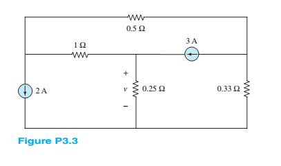Chapter 3, Problem 3.3HP, Using node voltage analysis in the circuit of FigureP3.3, find the voltage v across the 0.25- 