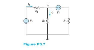 Chapter 3, Problem 3.7HP, Use nodal analysis in the circuit of Figure P3.7 to find Va . Let R1=12,R2=6,R3=10,V1=4V,V2=1V . 