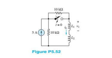 Chapter 5, Problem 5.52HP, At t=0 the switch in the circuit in Figure P5.52closes. Assume that L1=1H,L2=5H , and that the 