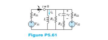 Chapter 5, Problem 5.61HP, In the circuit shown in Figure P5.61: Vs1=15VVs2=VRs1=130Rs2=290R1=1.1kR2=700L=17mHC=0.35F Assume 
