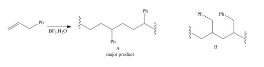 Chapter 31, Problem 31.41P, 30.40 Cationic polymerization of 3-phenylpropene  affords A as the major product rather than B. Draw 