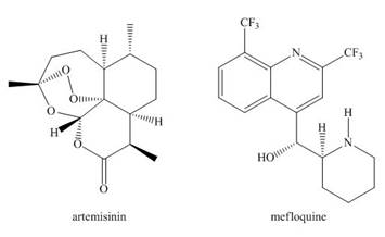 Chapter 5, Problem 5.67P, 
5.67 Artemisinin and mefloquine are widely used antimalarial drugs. A ball-and-stick model of 