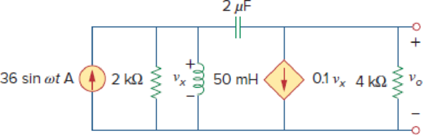 Chapter 10, Problem 10P, Use nodal analysis to find vo in the circuit of Fig. 10.59. Let  = 2 krad/s. Figure 10.59 