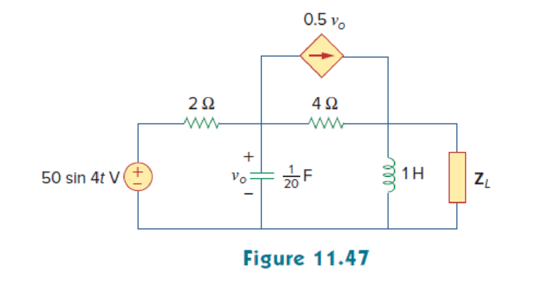 Chapter 11, Problem 16P, For the circuit in Fig. 11.47, find the value of ZL that will receive the maximum power from the 