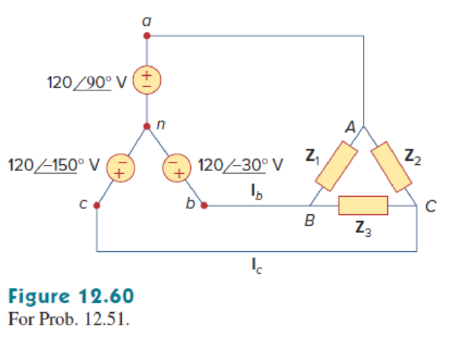 Chapter 12, Problem 51P, Consider the wye-delta system shown in Fig. 12.60. Let Z1=100, Z2=j100, and Z3=j100. Determine the 