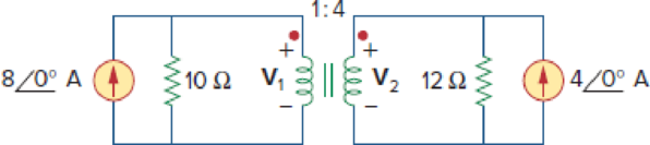 Chapter 13, Problem 43P, Obtain V1 and V2 in the ideal transformer circuit of Fig. 13.108. Figure 13.108 For Prob. 13.43. 