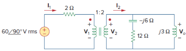 Chapter 13, Problem 57P, For the ideal transformer circuit of Fig. 13.122 below, find: (a) I1 and I2, (b) V1, V2, and Vo, (c) 