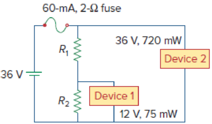Chapter 2, Problem 83CP, Two delicate devices are rated as shown in Fig. 2.142. Find the values of the resistors R1 and R2 