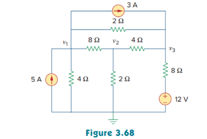 Chapter 3, Problem 47P, Rework Prob. 3.19 using mesh analysis. Use nodal analysis to find v1, v2, and v3 in the circuit of 