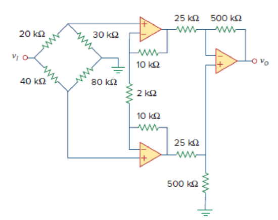 Chapter 5, Problem 88P, Figure 5.106 shows an instrumentation amplifier driven by a bridge. Obtain the gain vo/vi of the 
