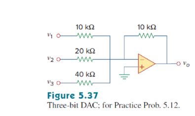 Chapter 5.10, Problem 12PP, A three-bit DAC is shown in Fig. 5.37. (a) Determine |Vo| for [V1V2V3] = [010]. (b) Find |Vo| if 