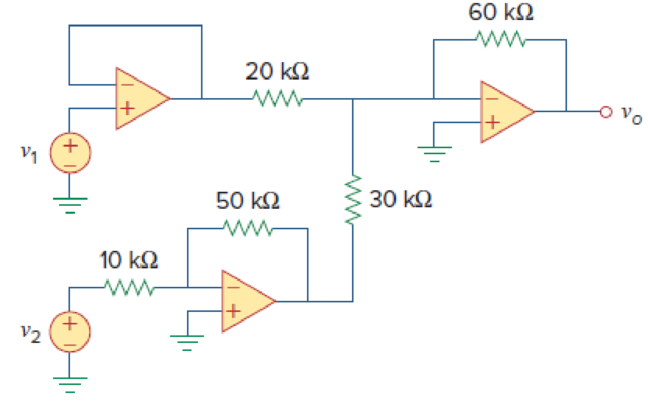 Chapter 5.8, Problem 10PP, If v1 = 5 V and v2 = 5 V, find vo in the op amp circuit of Fig. 5.33. Figure 5.33 For Practice Prob. 
