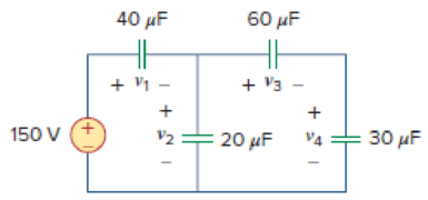 Chapter 6.3, Problem 7PP, Find the voltage across each of the capacitors in Fig. 6.20. Answer: v1 = 75 V, v2 = 75 V, v3 = 25 