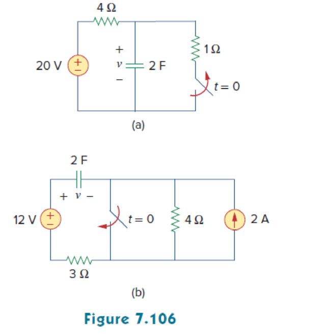 Chapter 7, Problem 39P, Calculate the capacitor voltage for t  0 and t  0 for each of the circuits in Fig. 7.106. 