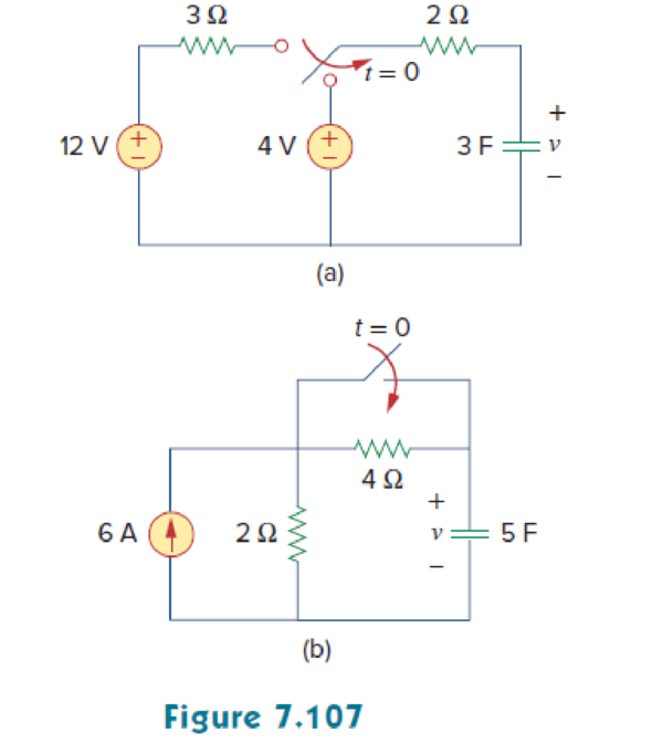 Chapter 7, Problem 40P, Find the capacitor voltage for t  0 and t  0 for each of the circuits in Fig. 7.107. 