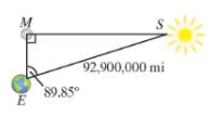 Chapter 4, Problem 48RE, During the first quarter moon, the Earth, Sun, and Moon form a right triangle. The distance between 