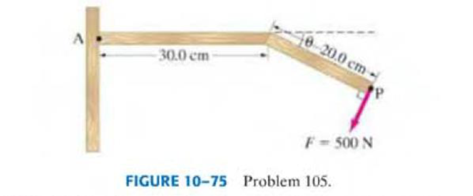 Chapter 10, Problem 105GP, (II) Determine the torque produced about the support A of the rigid structure, shown in Fig. 1075, 