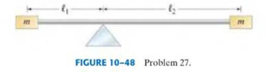 Chapter 10, Problem 28P, (II) Two blocks, each of mass m, are attached to the ends of a massless rod which pivots as shown in 