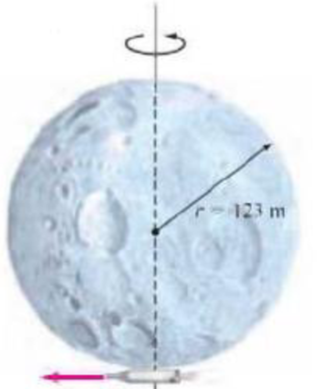Chapter 11, Problem 68GP, A spherical asteroid with radius r = 123 m and mass M = 2.25  1010 kg rotates about an axis at four 
