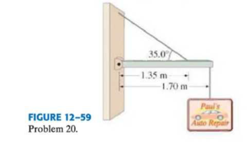 Chapter 12, Problem 20P, (II) A shop sign weighing 215 N is supported by a uniform 155-N beam as shown in Fig. 1259. Find the 
