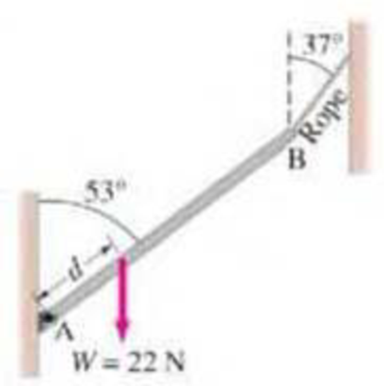 Chapter 12, Problem 27P, (II) A uniform rod AB of length 5.0 m and mass M = 3.8 kg is hinged at A and held in equilibrium by 