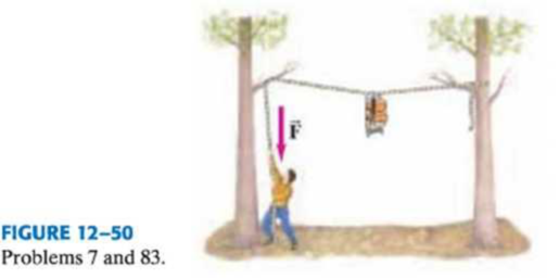 Chapter 12, Problem 7P, (II) The two trees in Fig. 1250 are 6.6 m apart. A back-packer is trying to lift his pack out of the 
