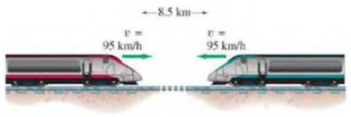 Chapter 2, Problem 12P, (II) Two locomotives approach each other on parallel tracks. Each has a speed of 95 km/h with 