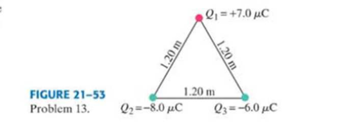 Chapter 21, Problem 13P, (II) Three charged particles are placed at the corners of an equilateral triangle of side 1.20 m 