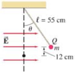 Chapter 21, Problem 88GP, A point charge (m = 1.0 g) at the end of an insulating cord of length 55 cm is observed to be in 