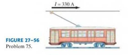 Chapter 27, Problem 75GP, The power cable for an electric trolley (Fig. 2756) carries a horizontal current of 330 A toward the 