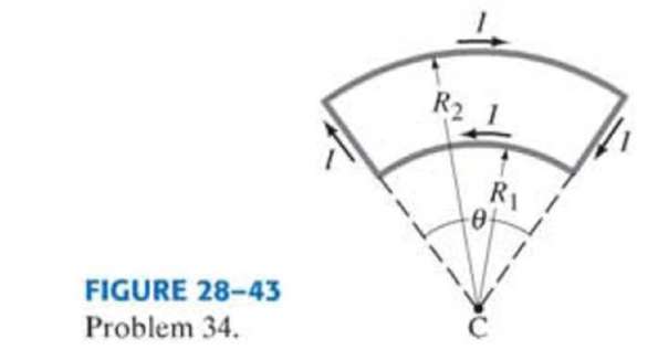 Chapter 28, Problem 34P, (II) A wire, in a plane, has the shape shown in Fig. 2843, two arcs of a circle connected by radial 