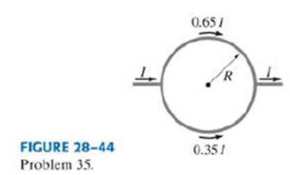 Chapter 28, Problem 35P, (II) A circular conducting ring of radius R is connected to two exterior straight wires at two ends 