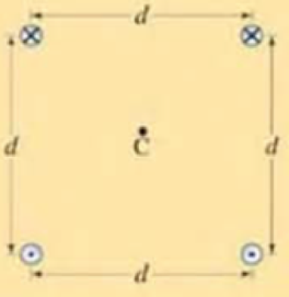 Chapter 28, Problem 66GP, Four hour long straight parallel wires located at the coiners of a square of side d carry equal 